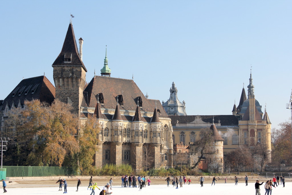 Ice skating in front of the castle of Vajdahunyad