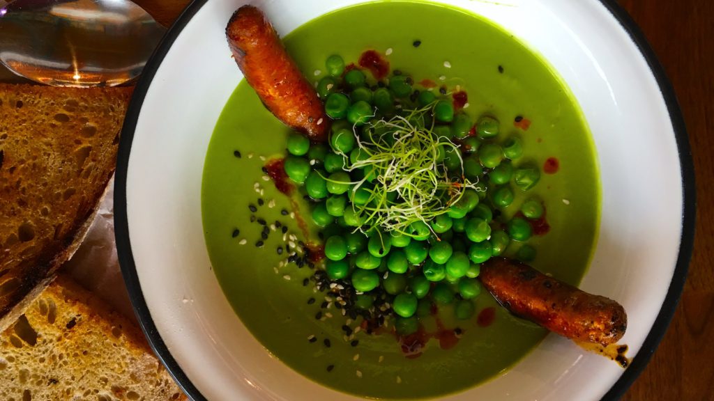 Sausage and green pea főzelék - a classic combination in Hungary - Private Food Tour in Budapest