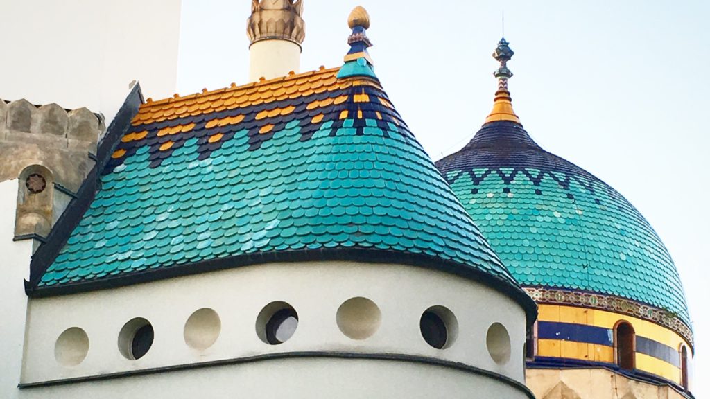 Budapest Art Nouveau Tour - the Zsolnay rooftop of the Elephant House (Budapest zoo)